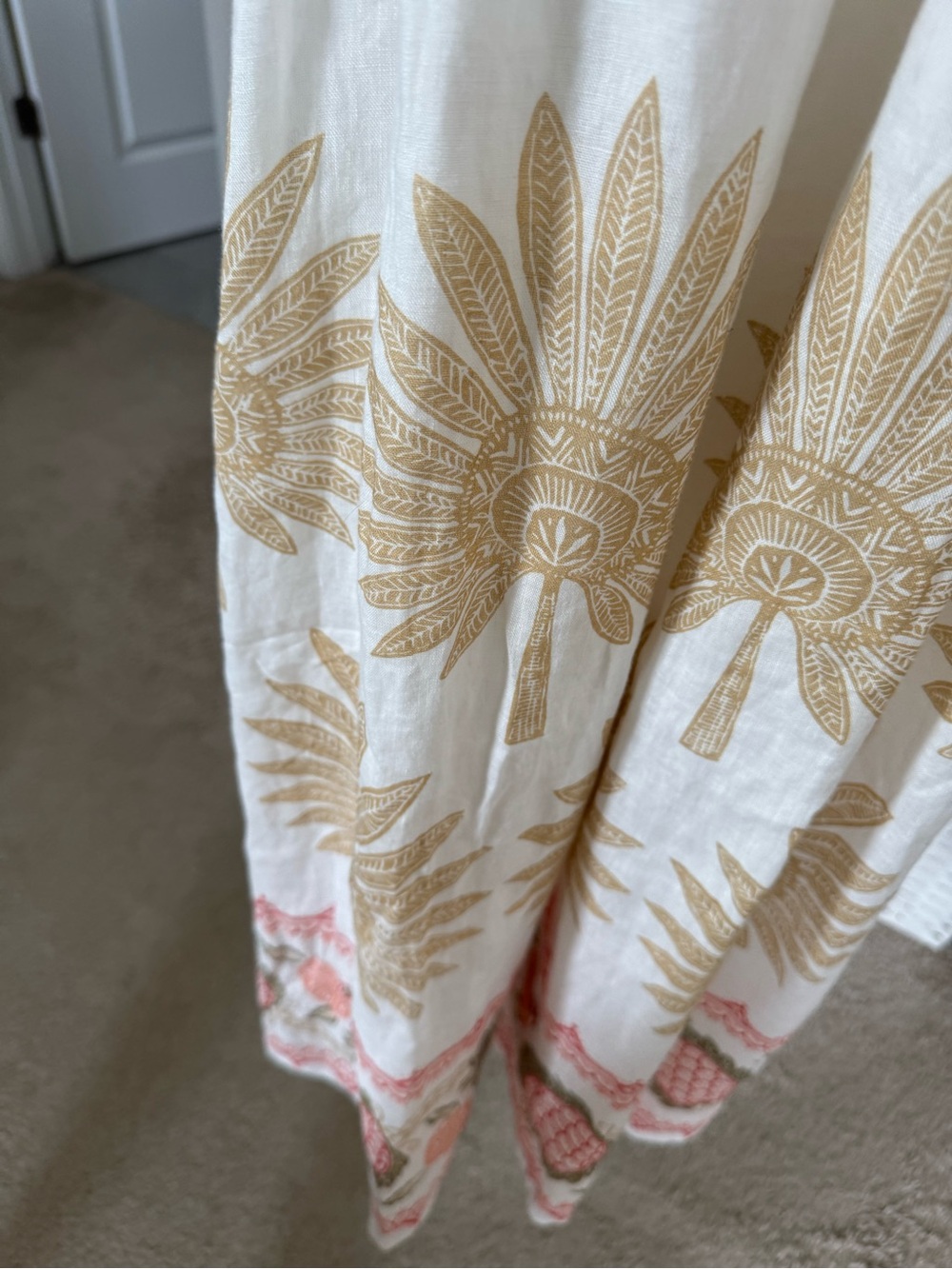 Spartina 449 White Maxi Dress with Gold Sunflower and Coral Trim - Picture 4 of 5